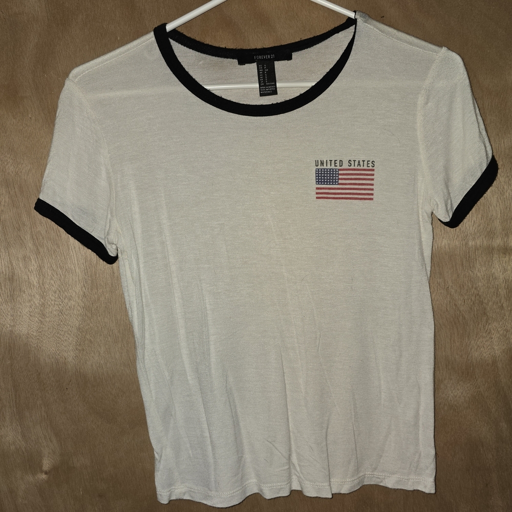 Forever 21 Gray Tee with USA Flag and Black Trim